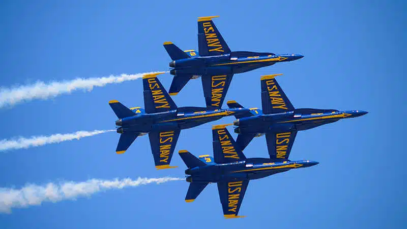Blue Angels flying in formation in Pensacola Beach, Florida.