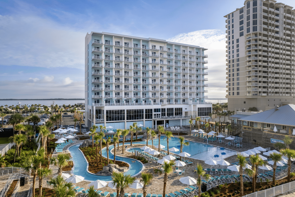 Fairfield Inn oceanfront pool deck with lazy river and zero entry pool.