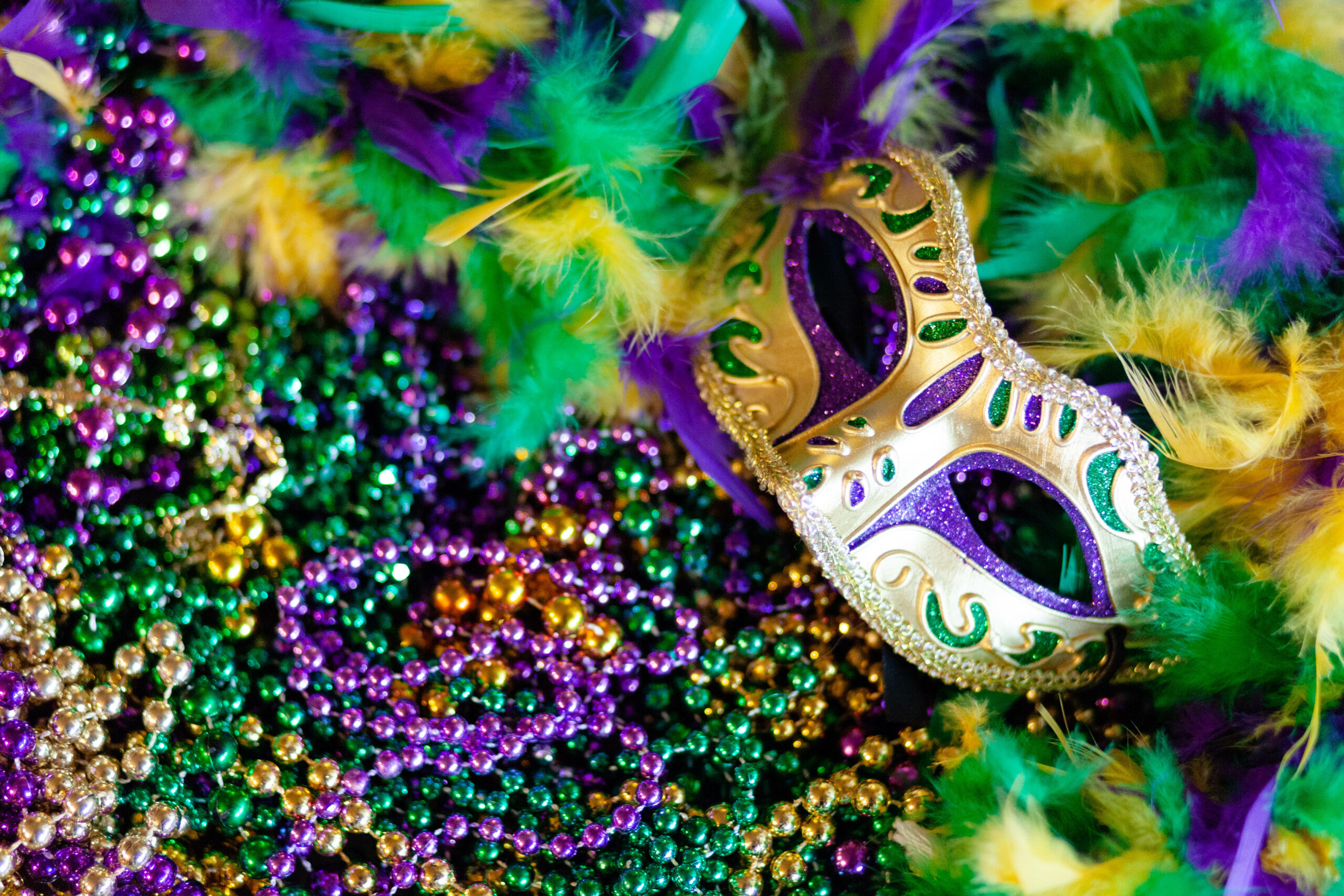 Mardi gras mask, beads and feathers background Photo courtesy of Foo Foo Fest